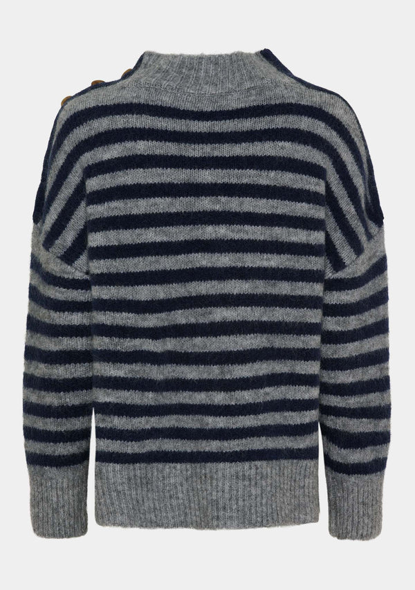 I SAY Anna Button Pullover Knitwear M30 Grey w/Blue Stripe