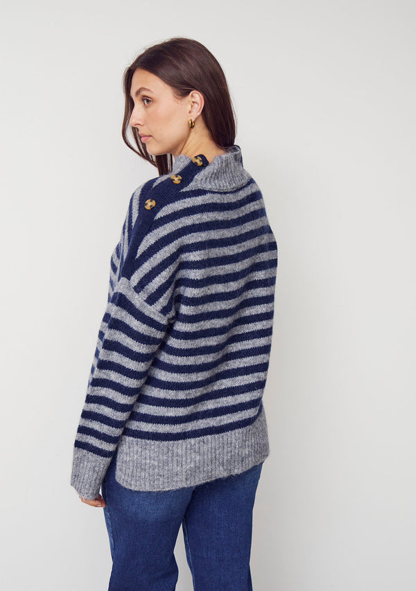 I SAY Anna Button Pullover Knitwear M30 Grey w/Blue Stripe