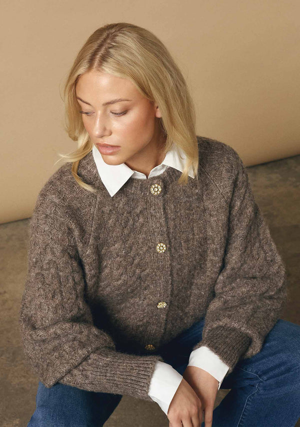 I SAY Anna Cable Cardigan Knitwear 361 Taupe Melange