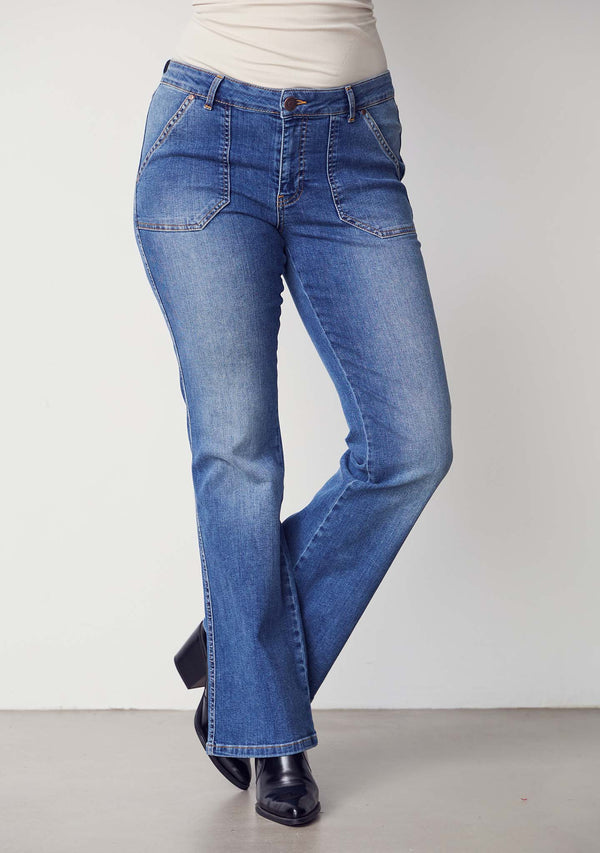 I SAY Como Long Flare Jeans Pants 606 Mid Denim