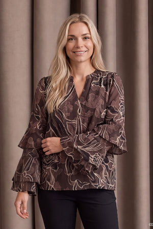 I SAY Obi Flounce Blouse Blouses P14 Brown Flower
