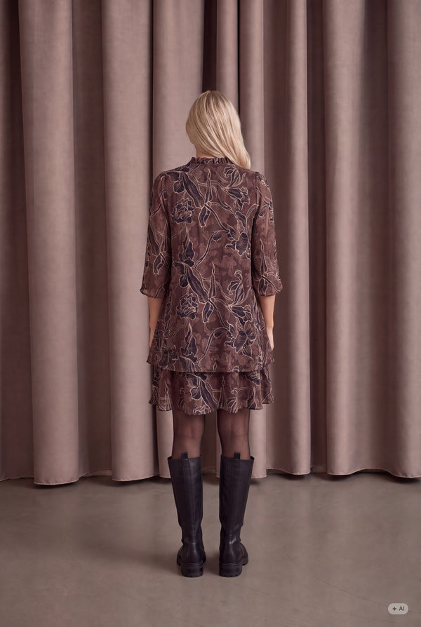 I SAY Obi Flounce Dress Dresses P14 Brown Flower